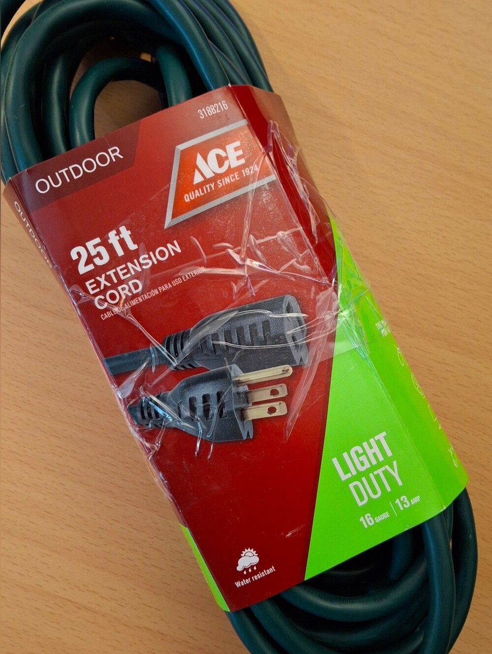 Ace Outdoor 25ft Green Light Duty Extension Cord 16 Gauge 13A Water Resistant